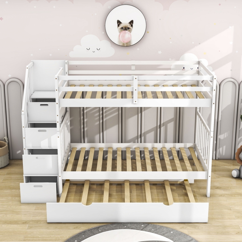 Haruhiro Kids Twin Over Twin/Full 4 Drawers Bunk Bed with Twin Size Trundle