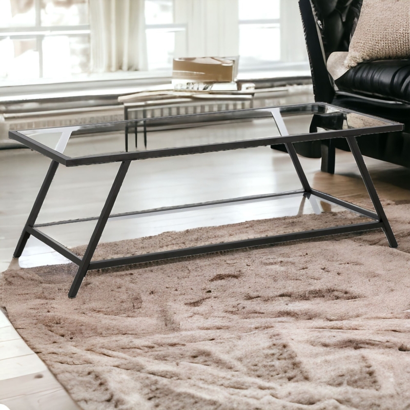 Holdingford 48" Glass And Steel Coffee Table With Shelf