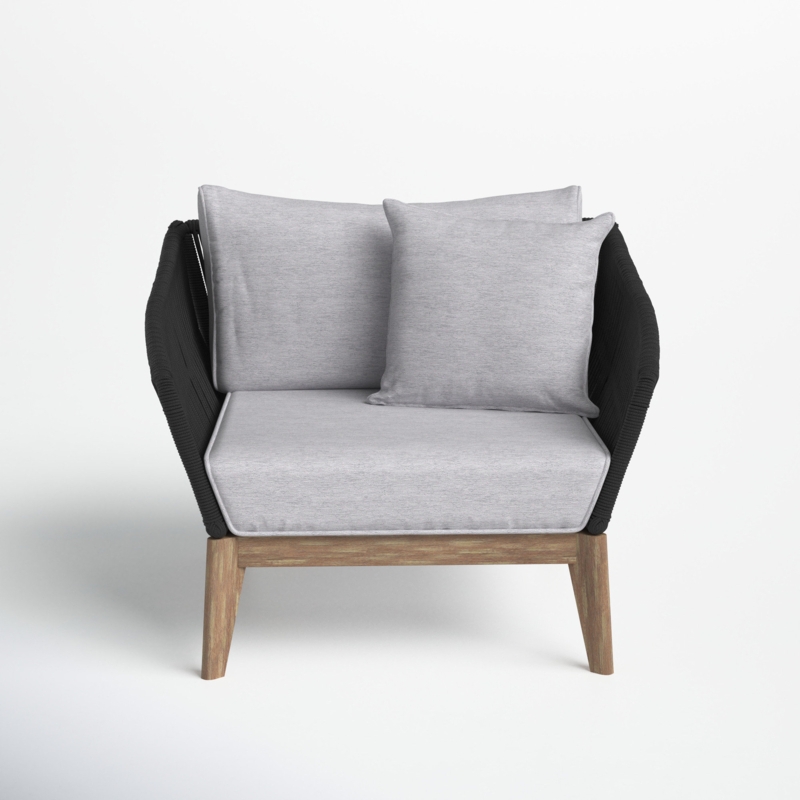 Izola Modern Indoor Outdoor Club Chair in Eucalyptus Wood, Rope, and Cushions
