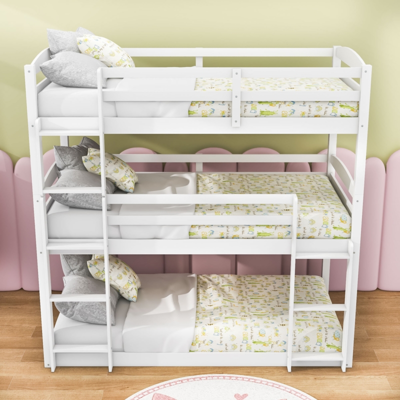 Kids Twin Over Twin Over Twin Wood Bunk Bed with Ladder