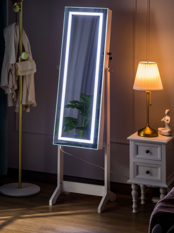 LED Light Jewelry Cabinet Standing Full Screen Mirror Makeup Lockable Armoire