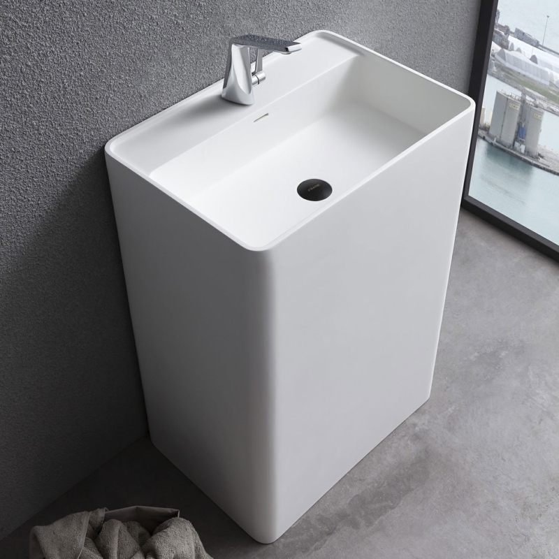 MEDUNJESS 11'' Tall White Stone Square Pedestal Bathroom Sink with Overflow