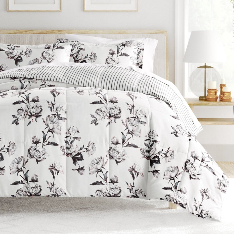 Meilyn Gray All Season Down-Alternative Reversible Comforter Set in Vintage Magnolia Stripe