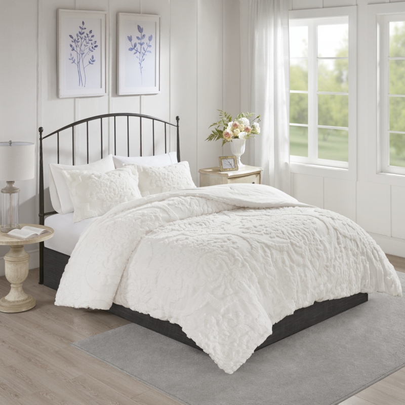 Monte Tufted Cotton Chenille Damask 3 Piece Comforter Set