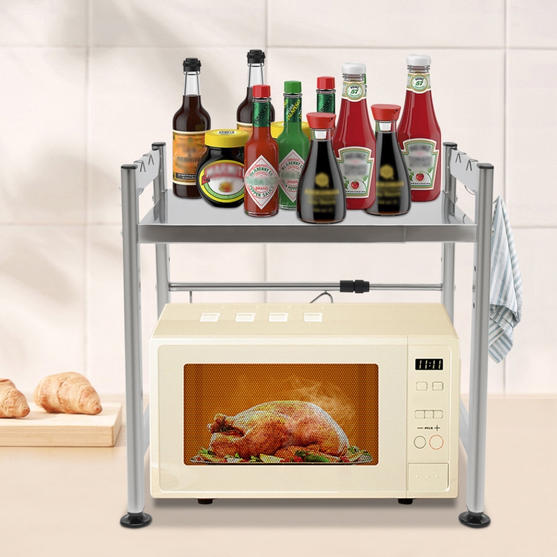 Naron Microwave Oven Rack Adjustable Kitchen Counter Shelf With 4 Hooks