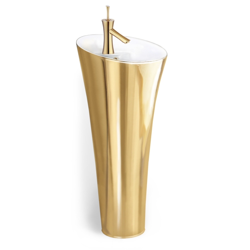 Odeiia 35.5'' Tall Gold Ceramic Circular Pedestal Bathroom Sink with Overflow