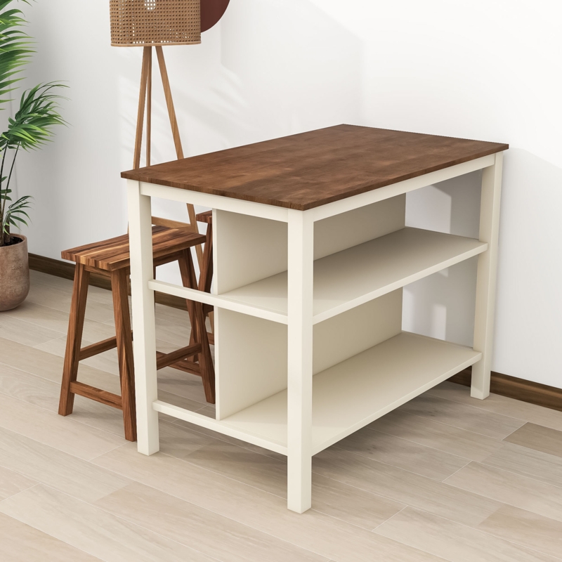 Rosamae Rubber Wood Butcher Block Dining Table Set With 2 Stools And 2 Shelves