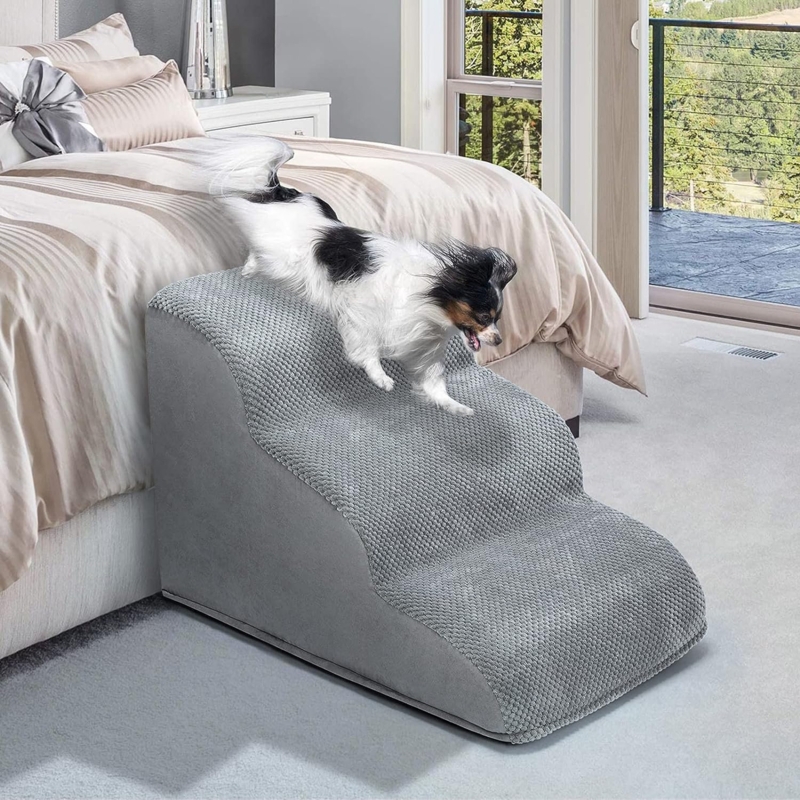 Three-Step Dog Ramp Stairs With Washable Two Fabric Covers In Durable High-Density Foam