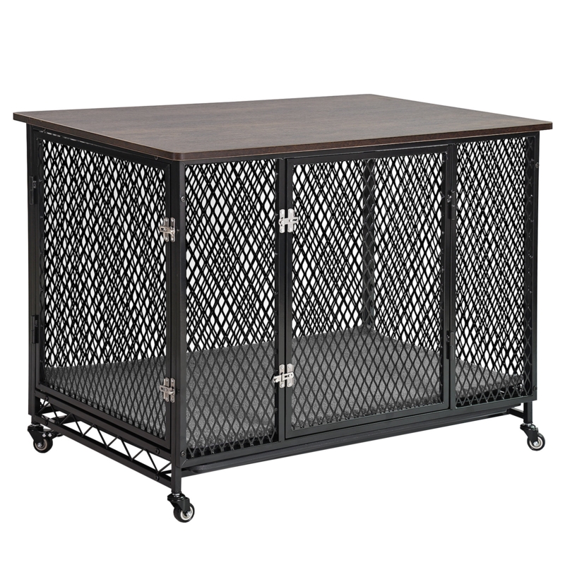 Tucker Murphy Pet Dog Crate Furniture Movable Side End Table Indoor Dog Kennel For Small Medium Large Dogs Double-Doors Wooden Dog House With Cushion, Tray, Wire Floor (27.2")