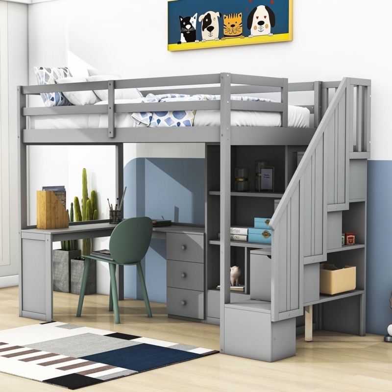 Twin 4 Drawers Wood Loft Bed with Built-in Desk and Shelves