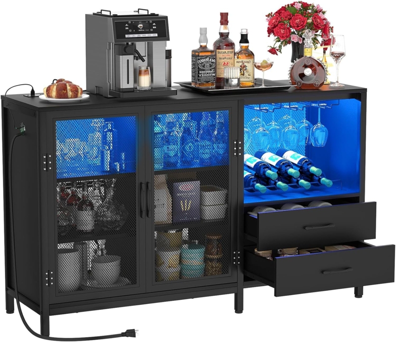 Wine Bar Cabinet With Charging Station And LED Lights, Liquor Cabinet Bar With Wine Rack, Industrial Sideboard Buffet With Drawers, Farmhouse Wood Mental Coffee Bar For Home, Kitchen, White