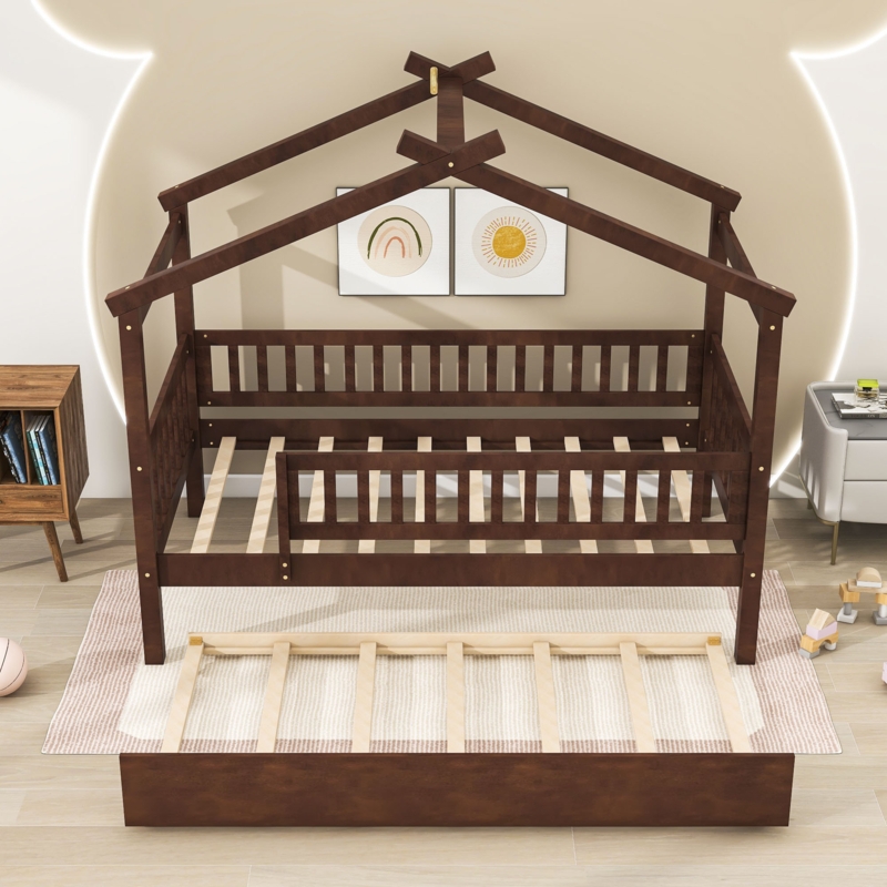 Wood House Bed with Twin Size Trundle and Slat Support
