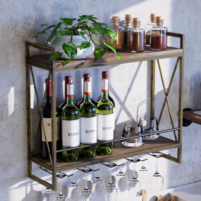 10 Bottle Wall Mounted Wine Bottle u0026 Glass Rack in Brown/Black