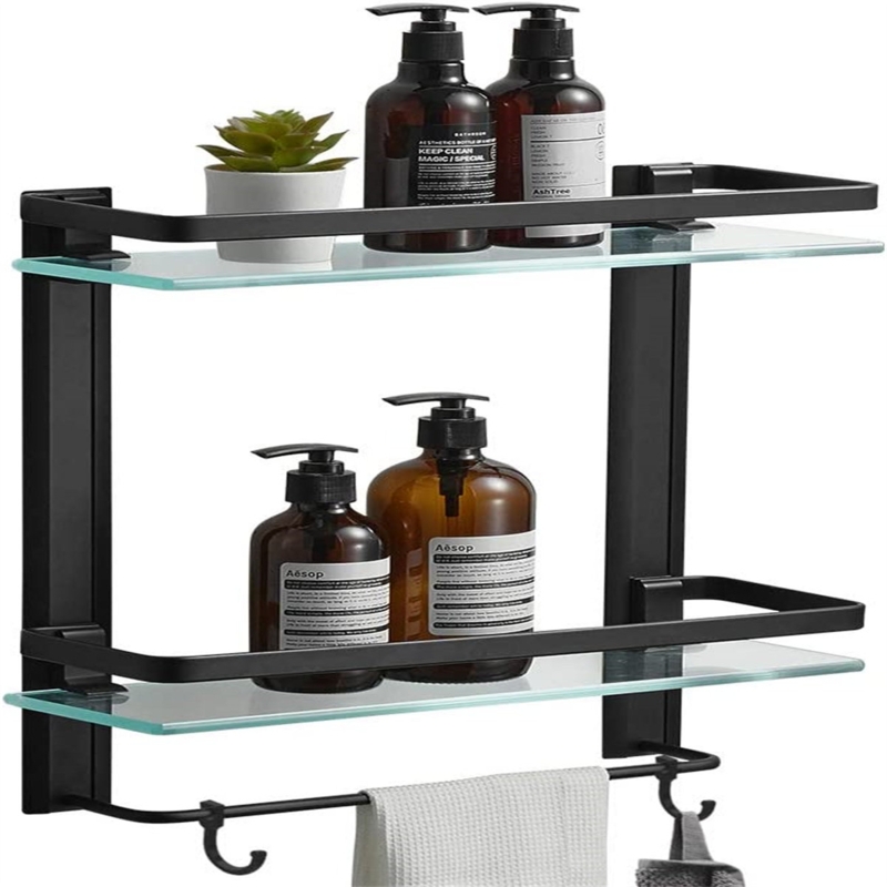 2 Piece Square Glass Floating Shelf with Towel Bar