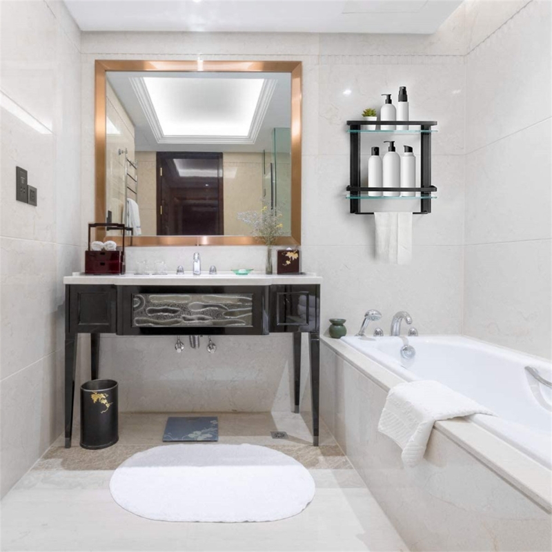 2 Piece Square Glass Floating Shelf with Towel Bar