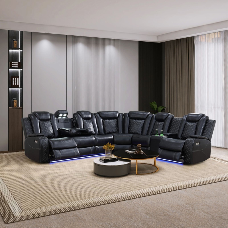 210.5" 3 - Piece Black Vegan Leather LED Power Reclining Sectional