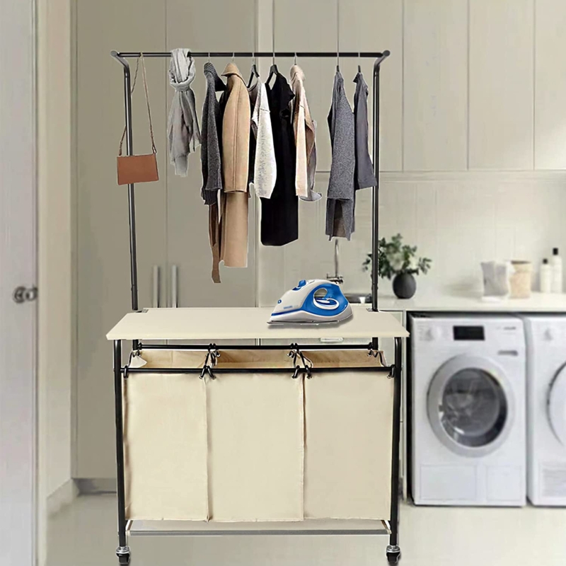 3-Bag Laundry Hamper Basket Sorter with Ironing Board
