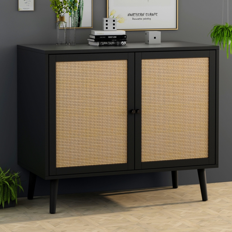 30.3'' Tall Two Rattan Doors Accent Cabinet