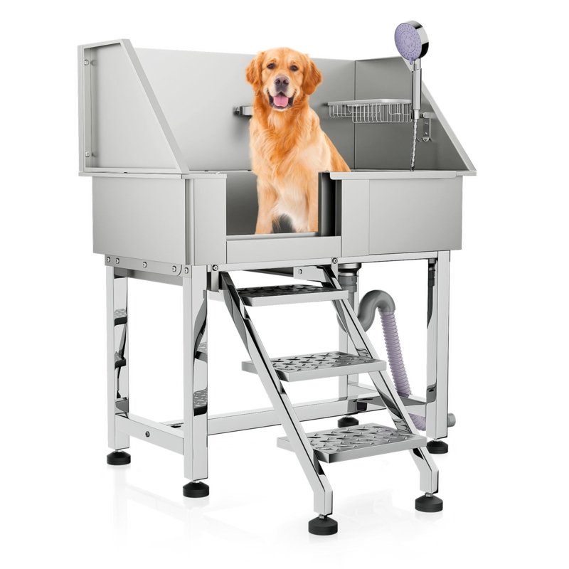 34" Pet Grooming Tub, Stainless Steel Dog Washing Station with Retractable Steps, Faucet u0026 Sprayer
