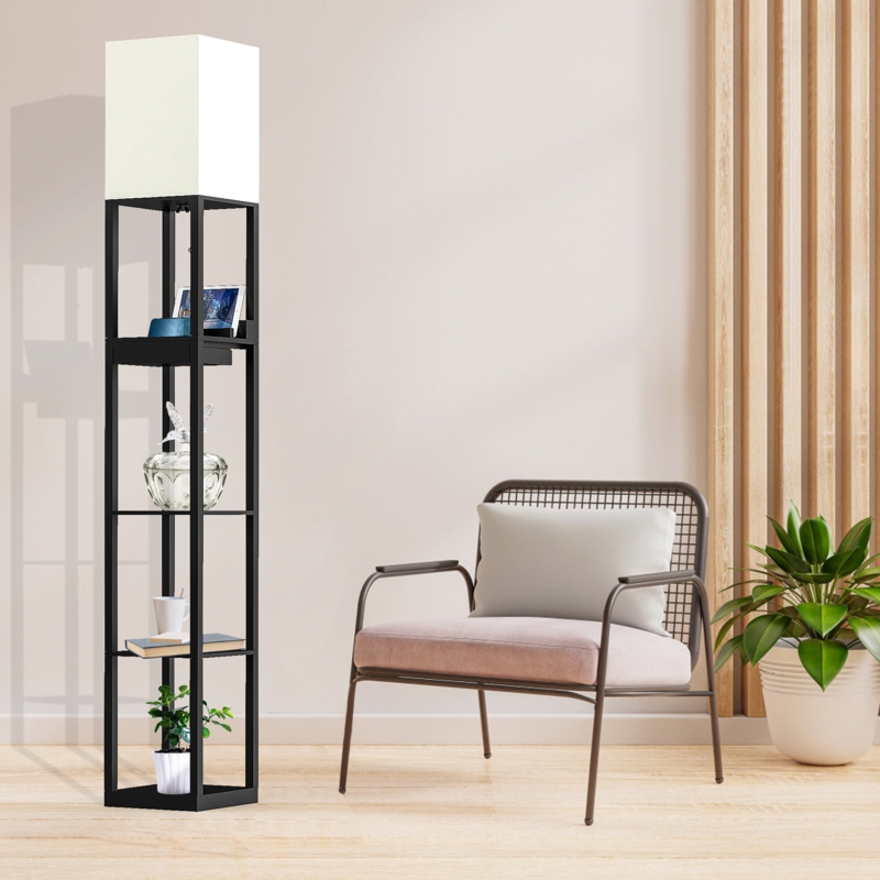 67" Column Floor Lamp with Shelves, Solid Wood, USB Ports, Storage Drawer and Bulb Included