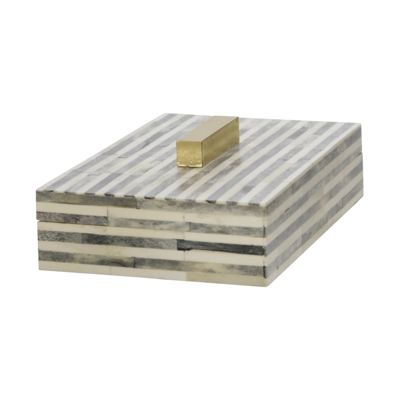 9" Bone Rectangular Box - Light Gray and Gold Wooden Storage Box - Contemporary Decorative Box for Jewelry, Photos, Trinkets, Supplies