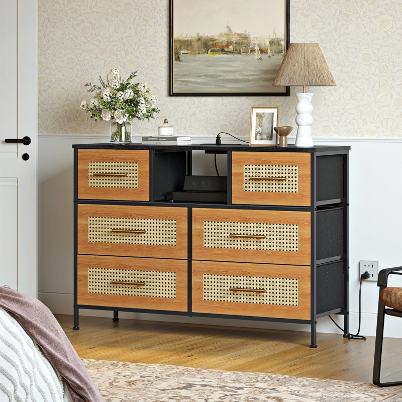 Almustafa Rattan 6 Drawer Dresser,TV Stand, 2 Outlets u0026 2 USB Ports and Fabric Drawers