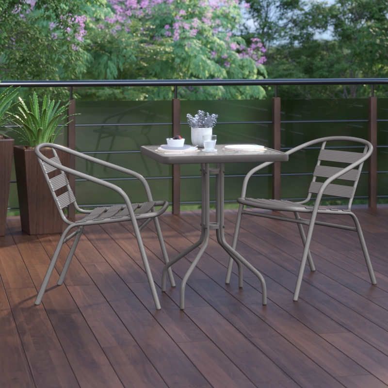 Amlie 23.5" Square Glass Metal Table with 2 Metal Aluminum Slat Stack Chairs