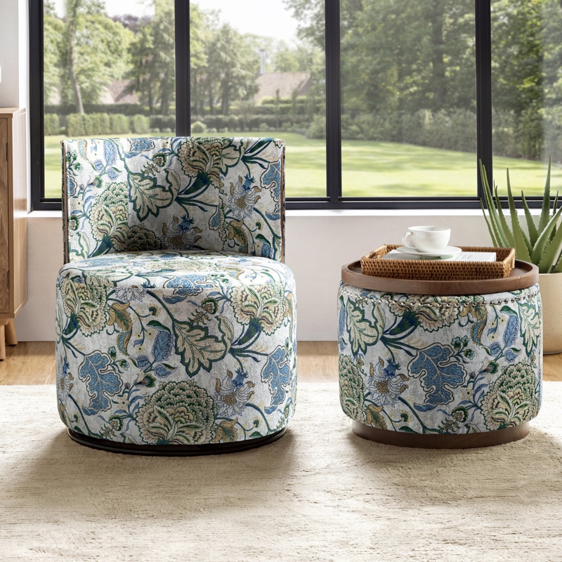 Arienne 23.43'' Wide Swivel Barrel Chair and Ottoman with Removable Wood Serving Tray
