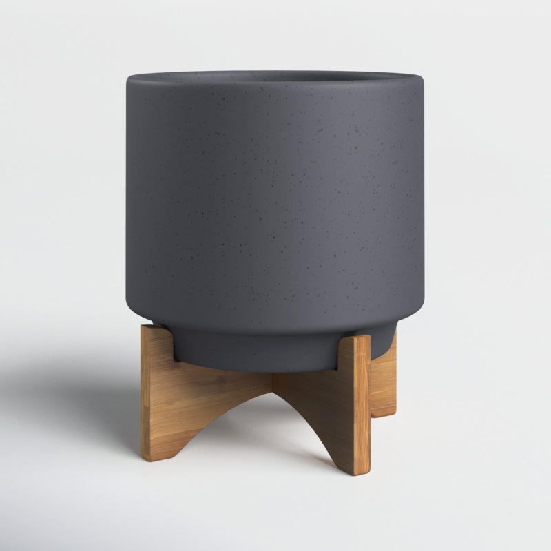 Ascend Ceramic Planter, Matte Gray Planter, Indoor/Outdoor Planter on Wooden Stand - Use for Succulent Pot, Plants, Flowers and More