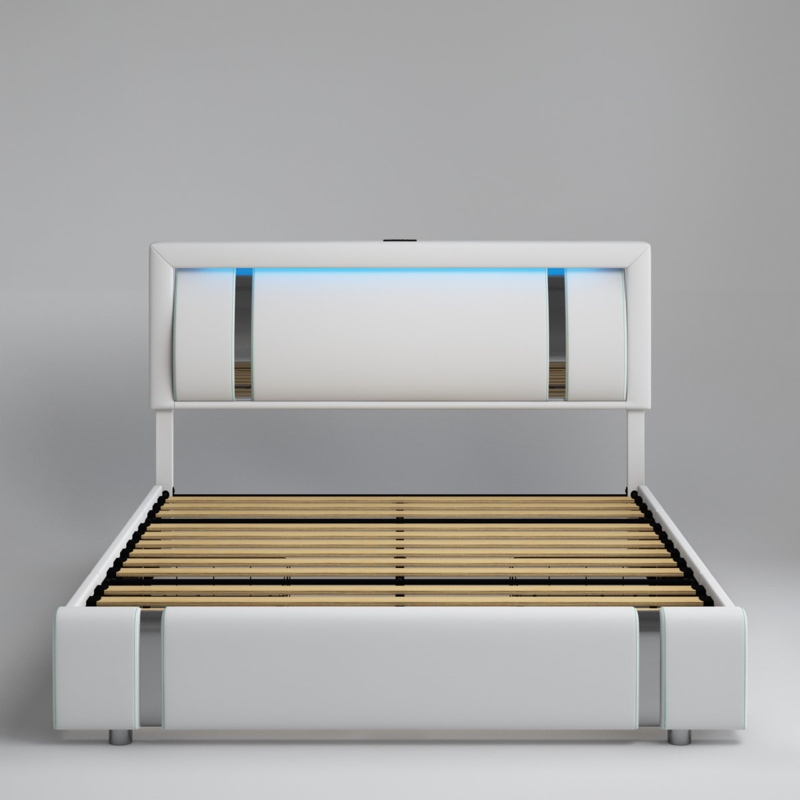 Barbuto PU Upholstered Storage Bed with Lighted Headboard, USB Ports and Drawers