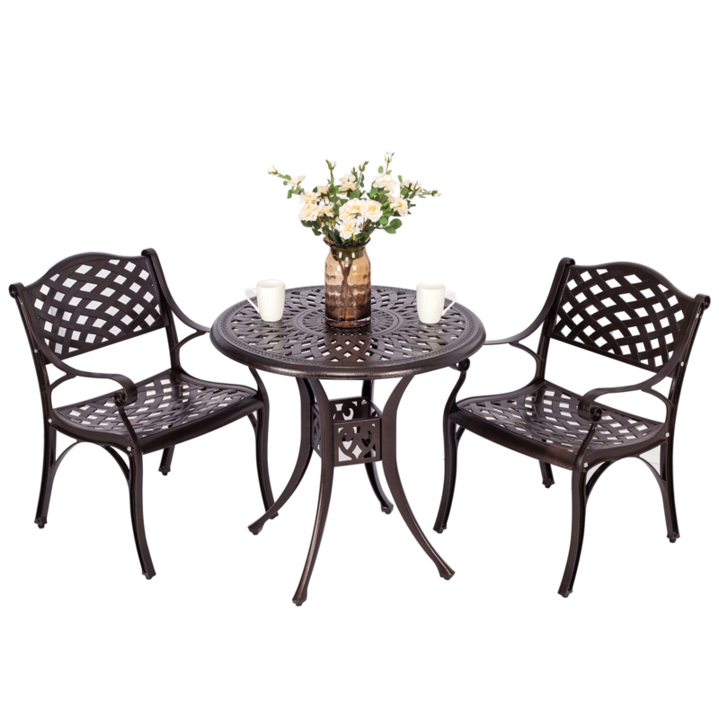Baze 3 Piece Outdoor Patio Retro Round Cast Aluminum Dining Table and 2 Cast Aluminum Chairs Set