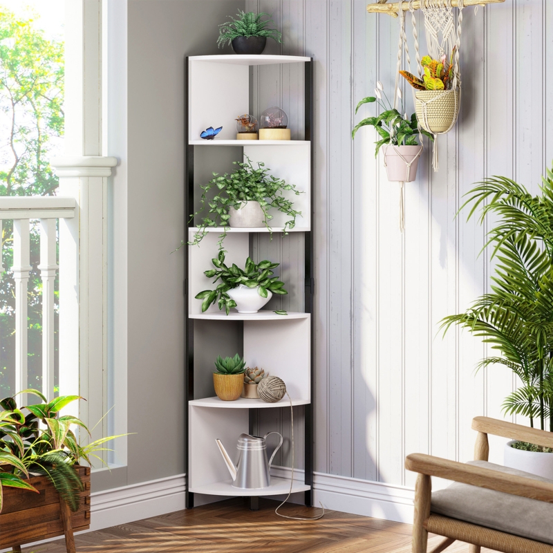 Besnike 68"H x 14"W Open Display Shelves Corner Wood Etagere Bookcase