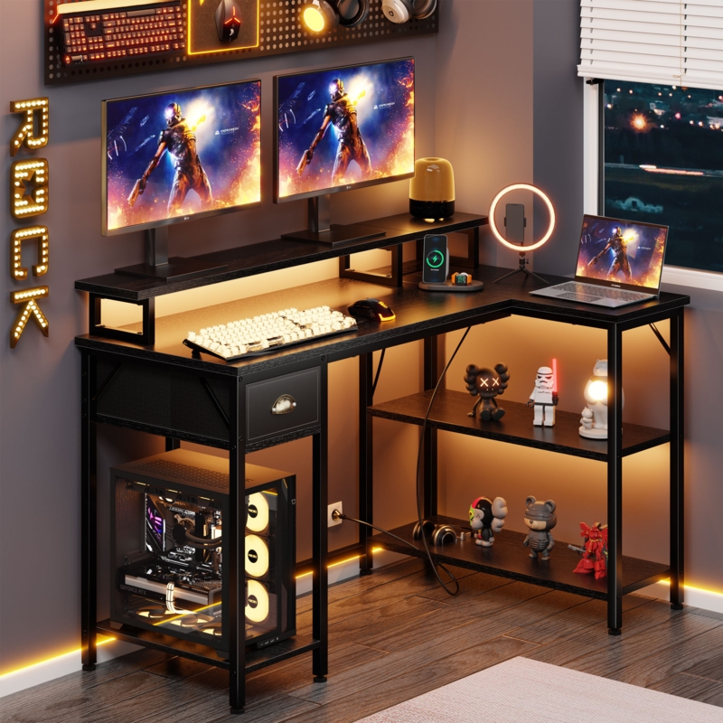 Bisan L-Shaped Reversible Computer Desk with Monitor Stand and Drawer