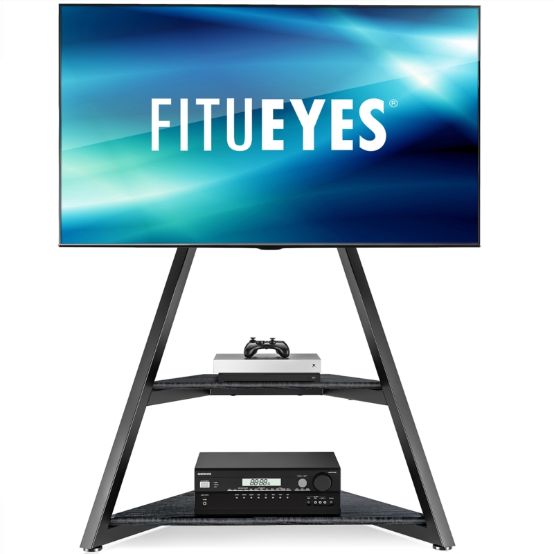 Black Floor TV Stand with Shelving, Corner TV Stand for 43 55 65 70 75 Inch TV