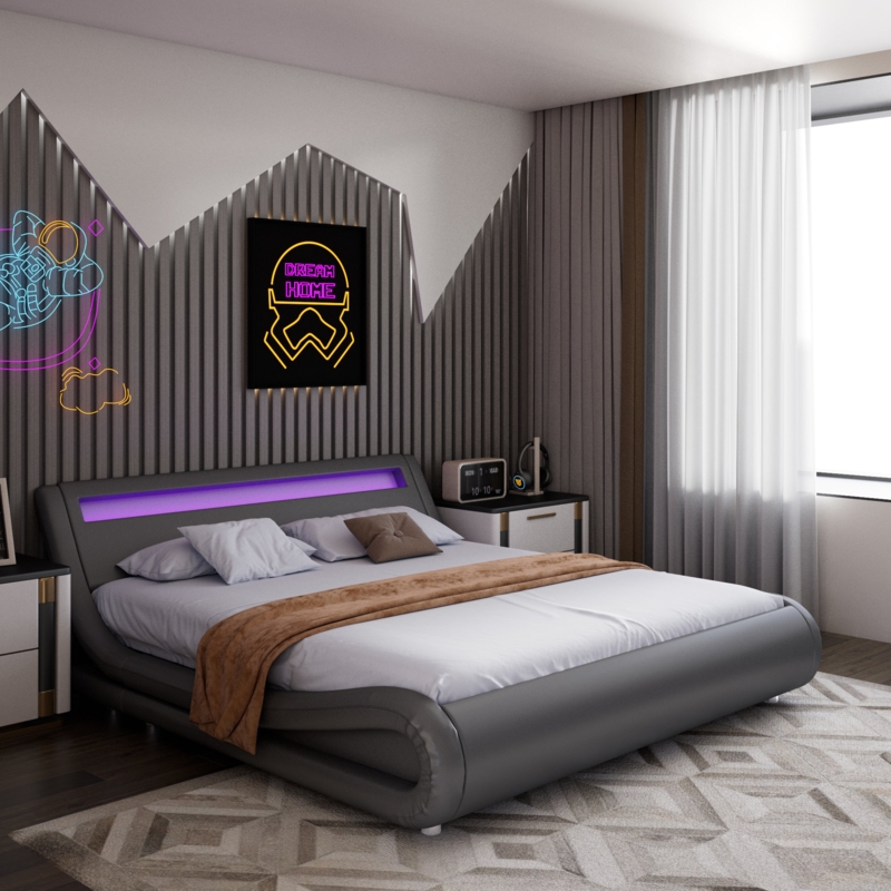 Bloomington Vegan Leather Metal Sleigh Bed