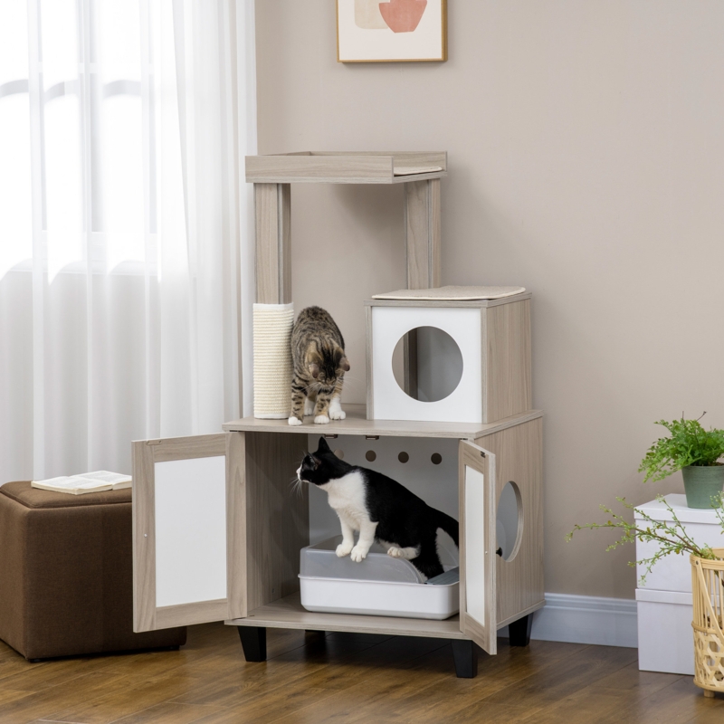 Brigg Cat Litter Box Enclosure Furniture With Cat Tree, Hidden Litter Box With Scratching Post, Bed, Modern Cat House Indoor, Gray