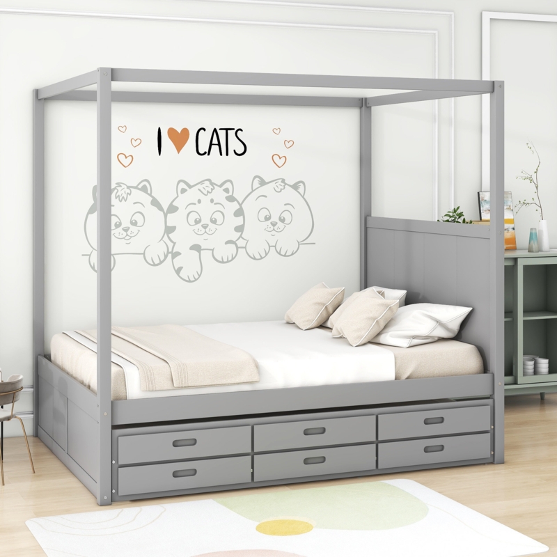 Chesko Queen Size 3 Drawers Canopy Platform Bed with Trundle