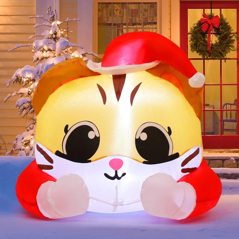 Christmas Inflatable 5 FT Christmas Cat Inflatables Christmas Cat Blow Up with Built-in LEDs