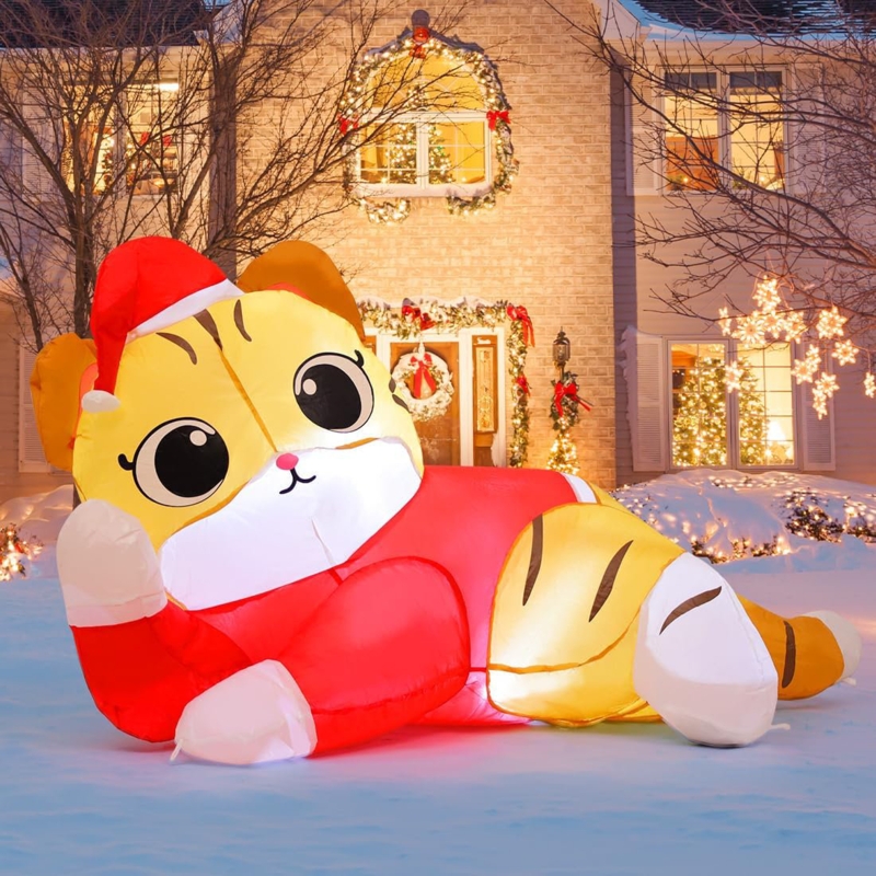 Christmas Inflatable 5 FT Christmas Cat Inflatables Christmas Cat Blow Up with Built-in LEDs