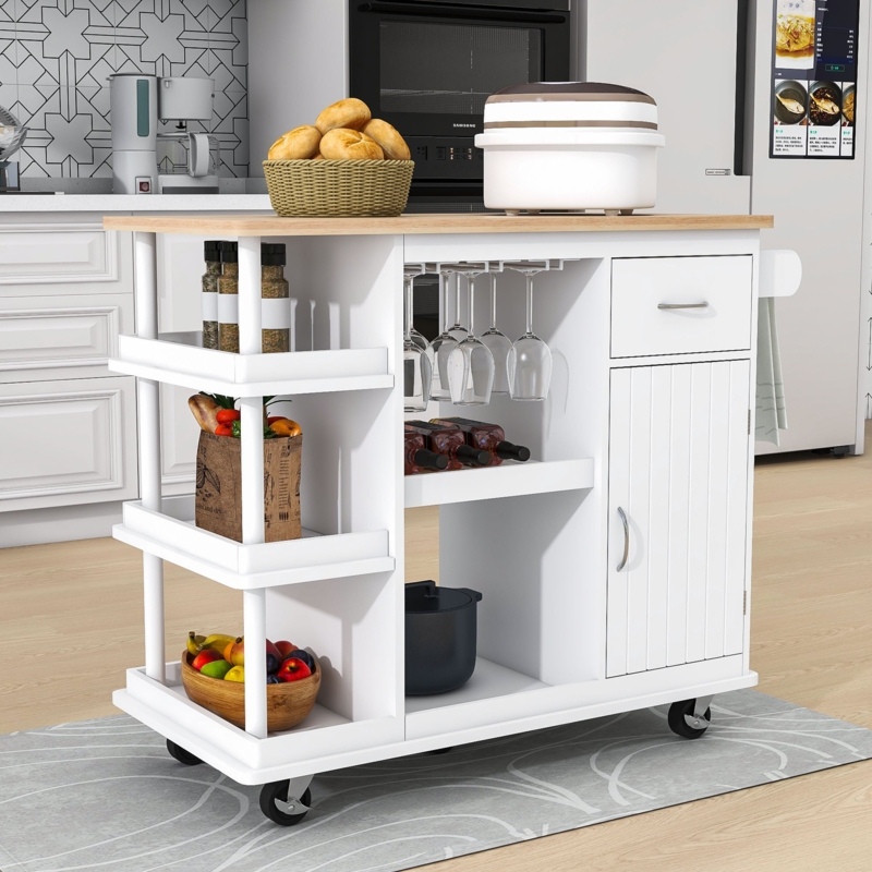 Cleus Kitchen Storage Island with Wine Rack, Adjustable Shelves and 5 Wheels