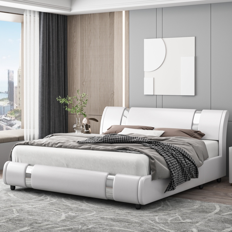 Conshohocken Low Profile Modern Leather Upholstered Platform Bed Frame with Adjustable Headboard