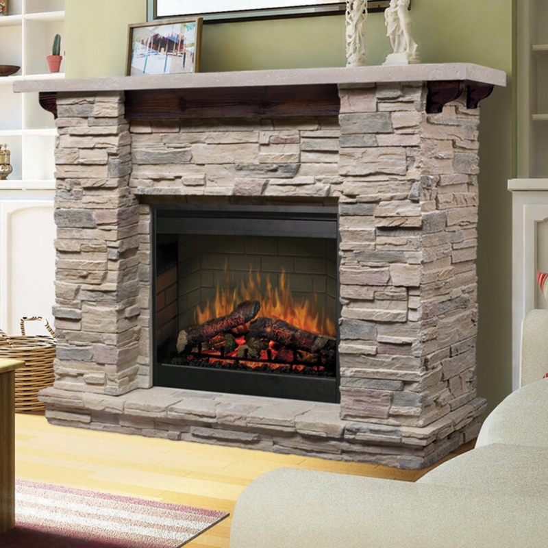 Dimplex Featherston Electric Fireplace with Mantel Surround Package - Pine w/ Gray Stone-Look Shelf