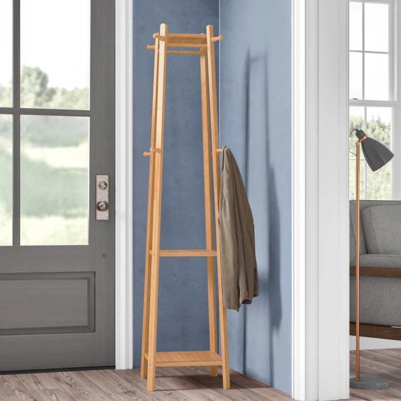 Eben Solid Wood 8 - Hook Freestanding Coat Rack with Storage in Light Brown