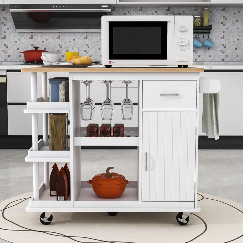Elenoa Kitchen Cart Cabinet with Rubber Wood Top, Shelves and Rack for Dining Room