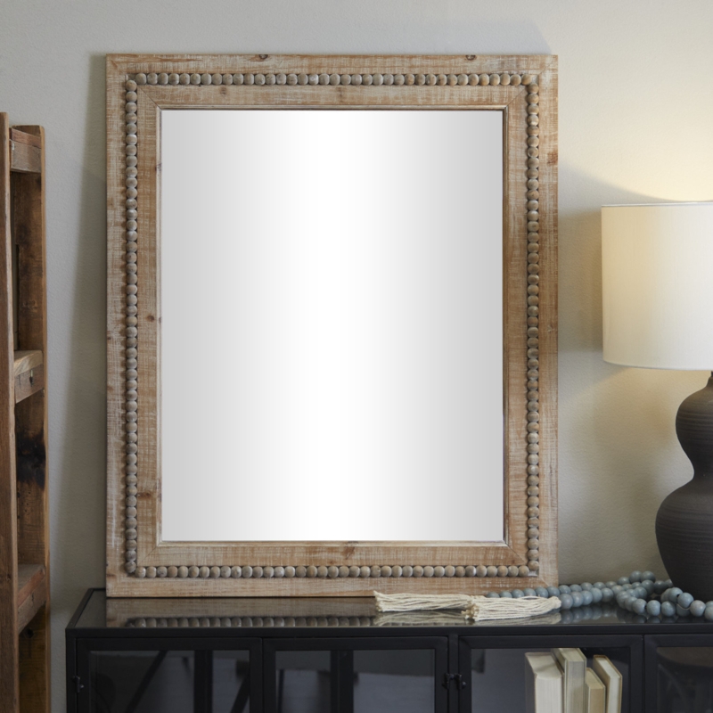 Elle Wood Distressed Wall Mirror with Beaded Detailing