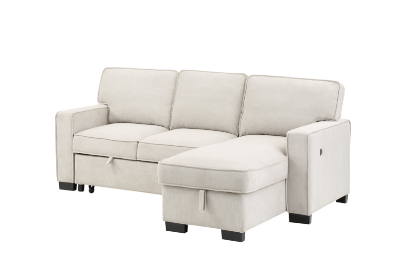 Estelle Fabric Reversible Sleeper Sectional with Storage Chaise Drop-Down Table 2 Cup Holders and 2 USB Ports