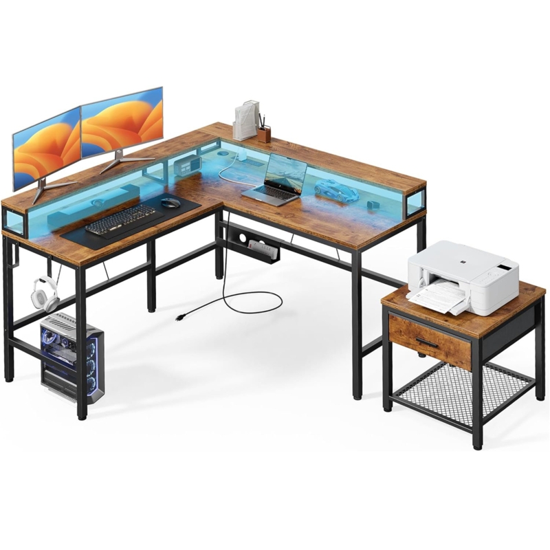 Helena 66.9'' W L-Shaped Computer Desk with Power Outlet u0026 LED Strip, Reversible Corner Desk with Stand
