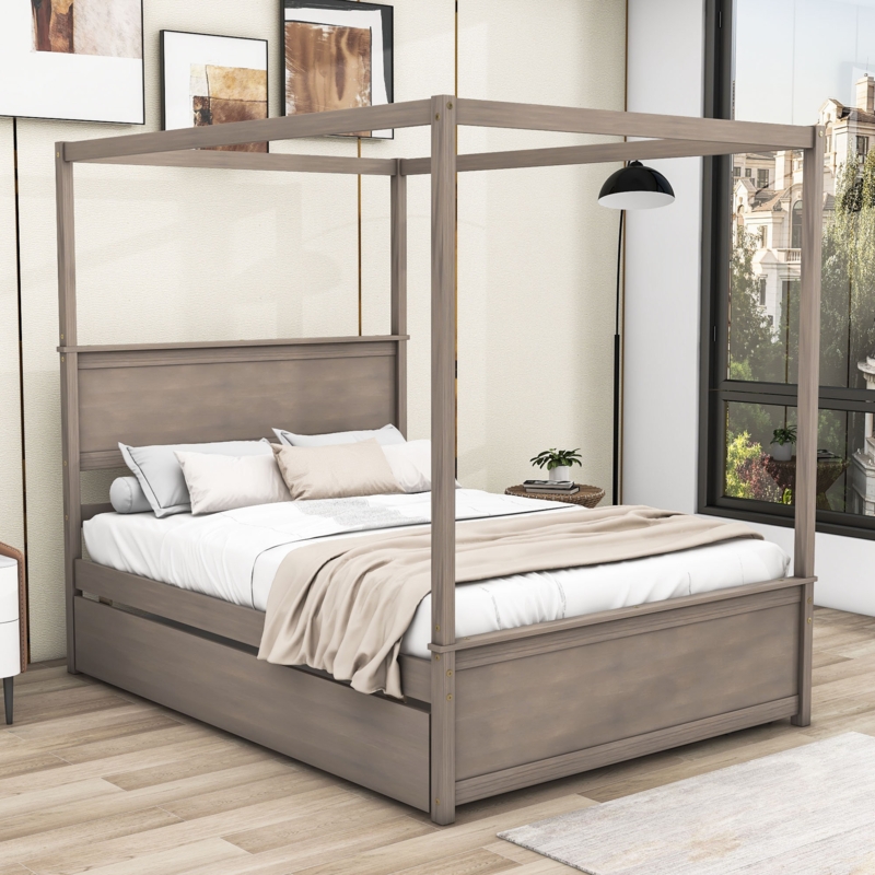 Heneretta Full Size Wood Canopy Bed with Drawers and Twin Size Trundle