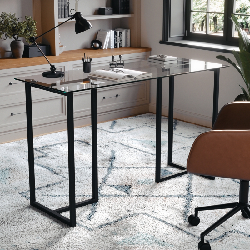 Huddleston Martha Stewart Eli Tempered Glass Top Home Office Desk with Steel Frame