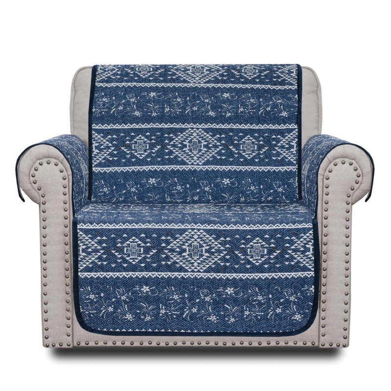 Indigo Blessing Blue u0026 White Floral Box Cushion Quilted Armchair Recliner Slipcover